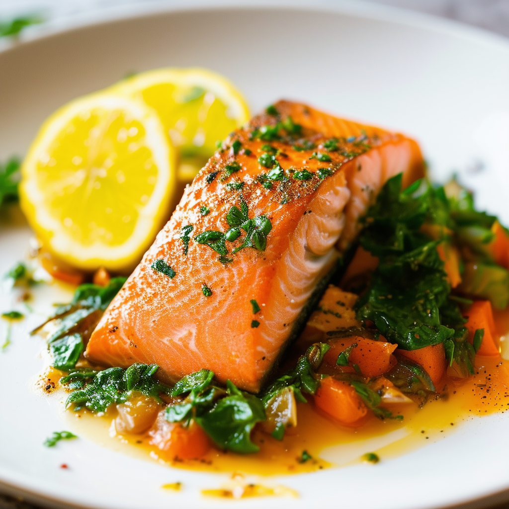A beautifully plated salmon dish garnished with fr