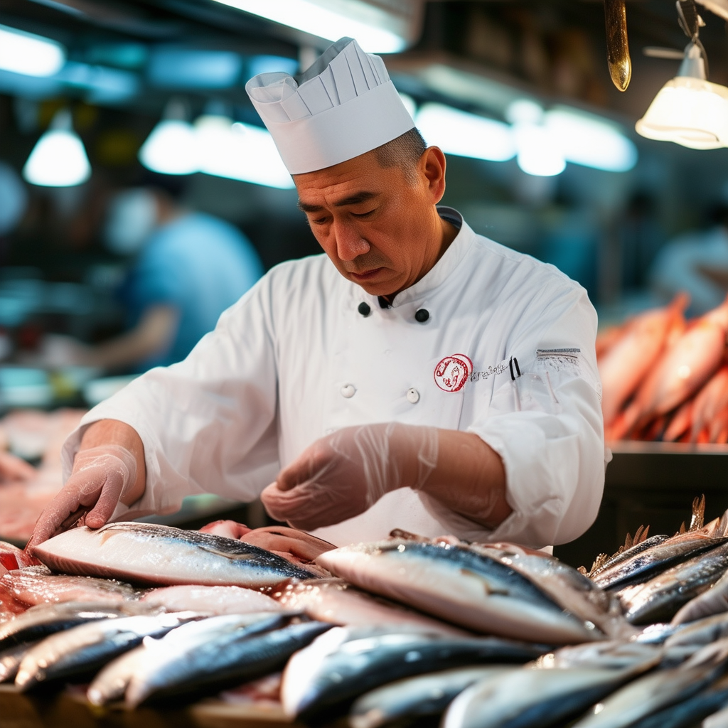 A chef carefully selecting fish at a bustling fish