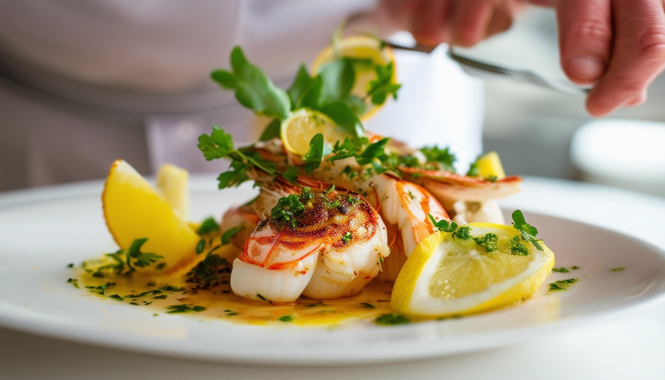 A chef expertly plating a beautifully cooked seafo