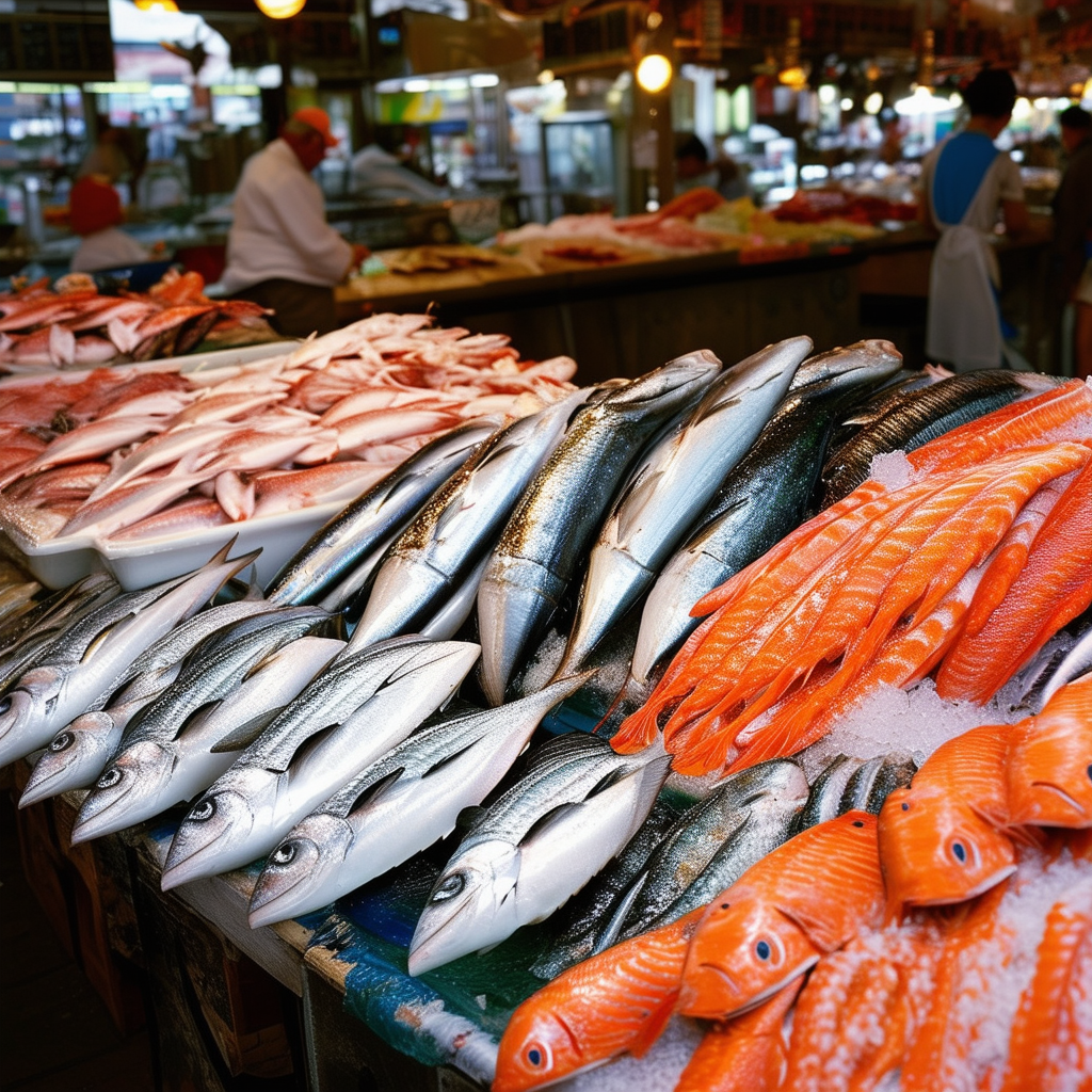A vibrant market scene with various types of fresh