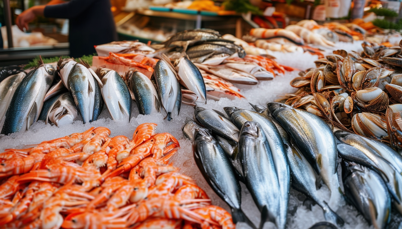 A vibrant seafood market with an array of fresh fi-1